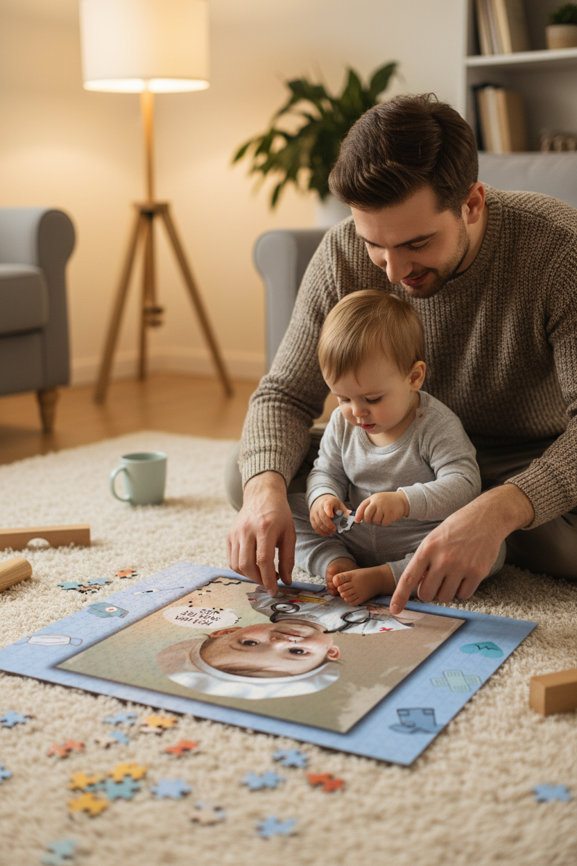 Pièces de puzzle au sol, portrait du bébé docteur visible sur la grande image.