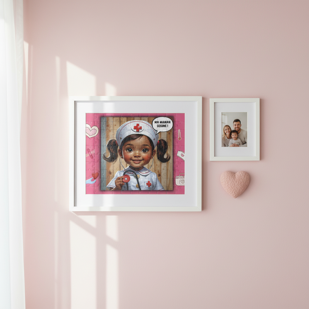 Puzzle pour enfants : portrait de petite infirmière sur boîte rose