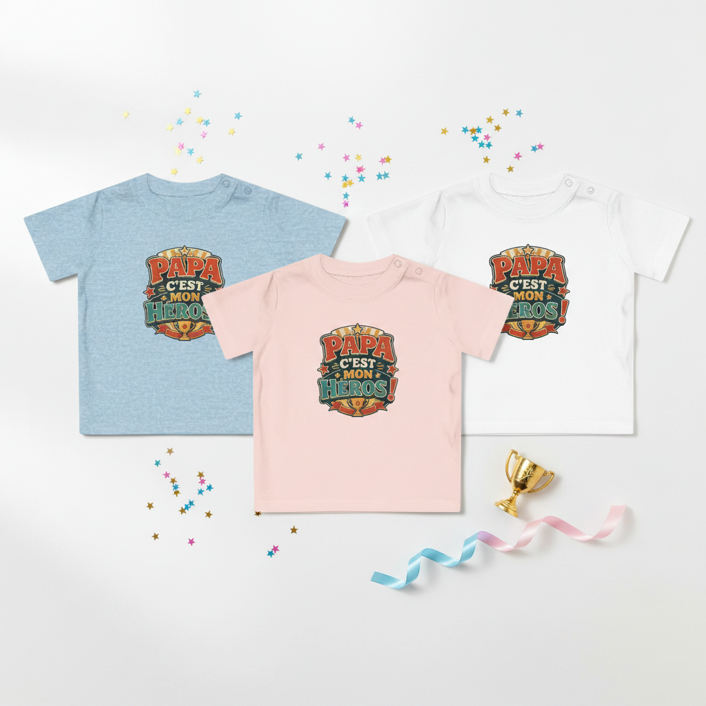 Lot de 3 t-shirts enfant: bleu, rose et blanc, imprimé « Papa c'est mon héros »