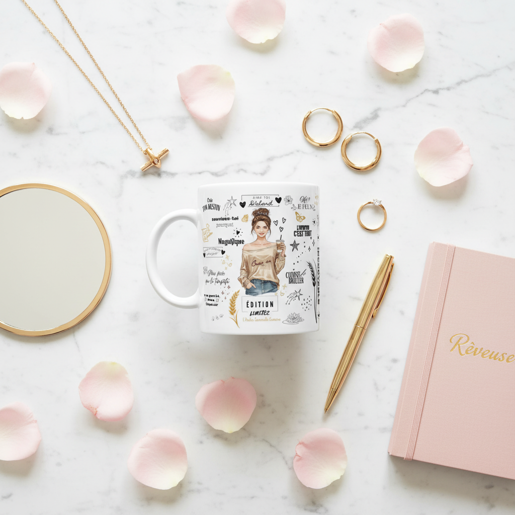 Mug blanc avec illustration dorée et message « Édition limitée », vu de dessus.