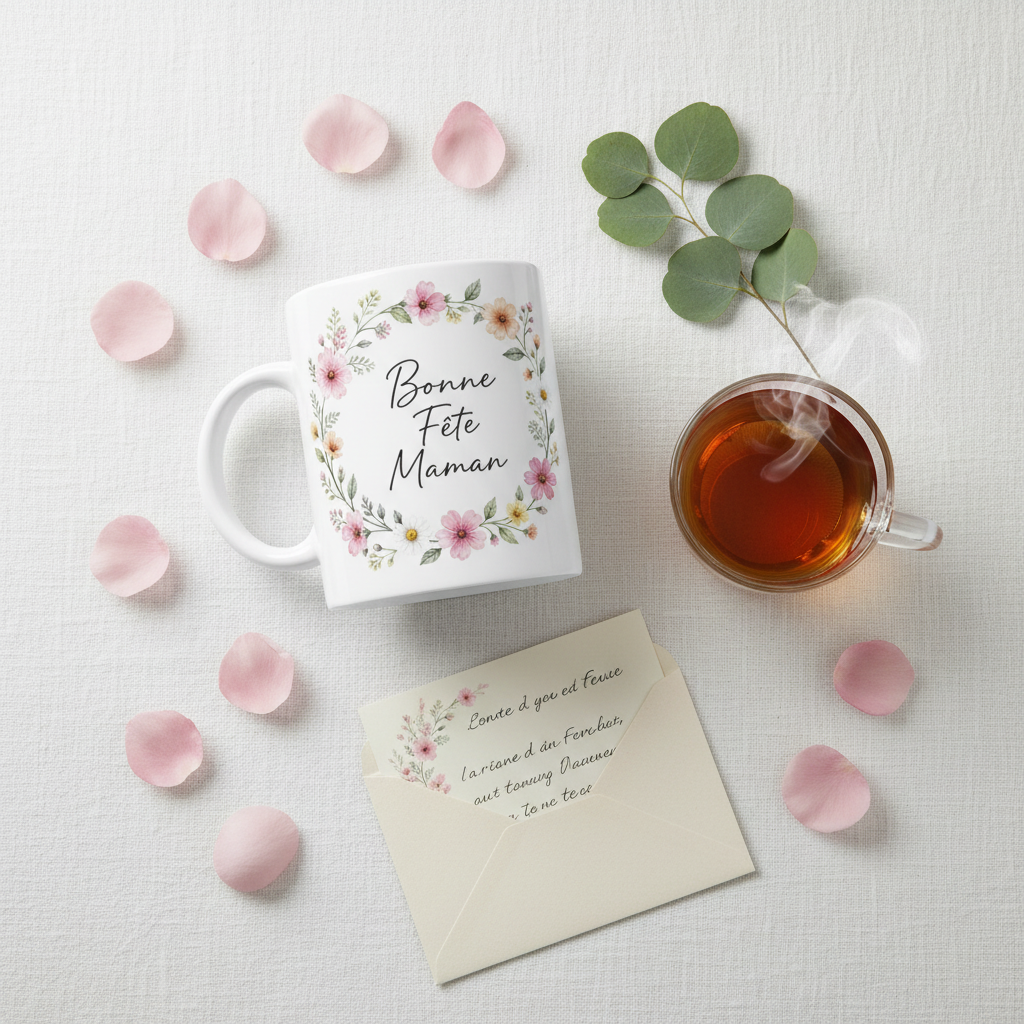 Tasse blanche «Bonne Fête Maman» avec couronne de fleurs roses, vertes et jaunes
