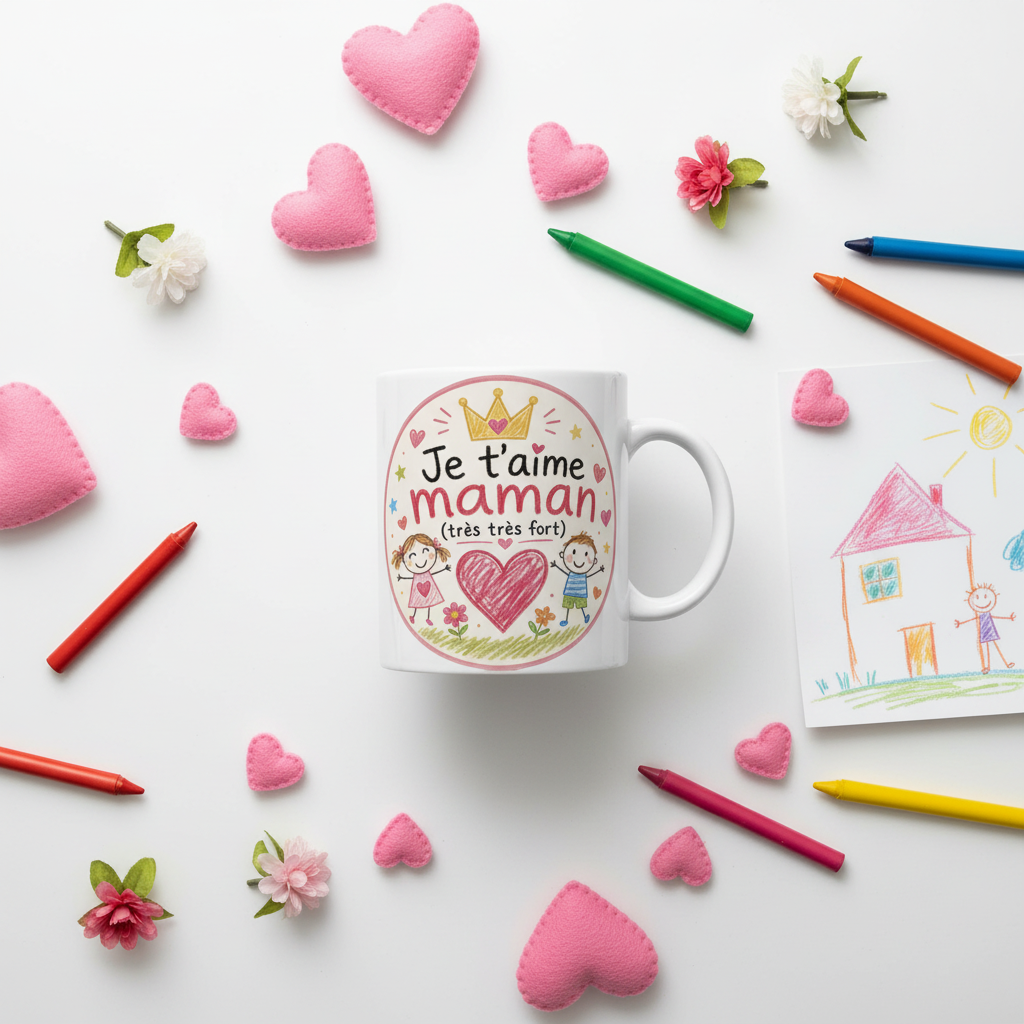 Mug blanc avec texte « Je t’aime maman » et couronne dorée, décor de cœurs