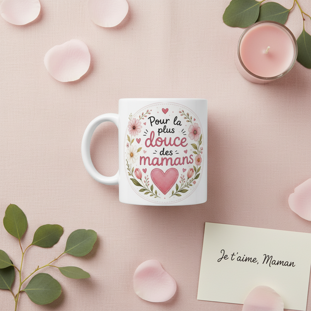 Mug blanc « Pour la plus douce des mamans » avec cœur rose et couronne de fleurs.