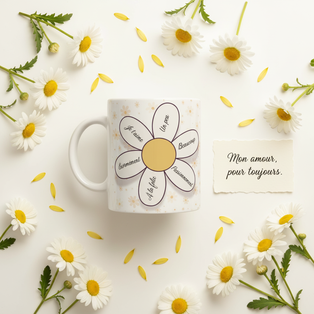 Mug blanc à motif marguerite avec texte, posé au centre entouré de fleurs