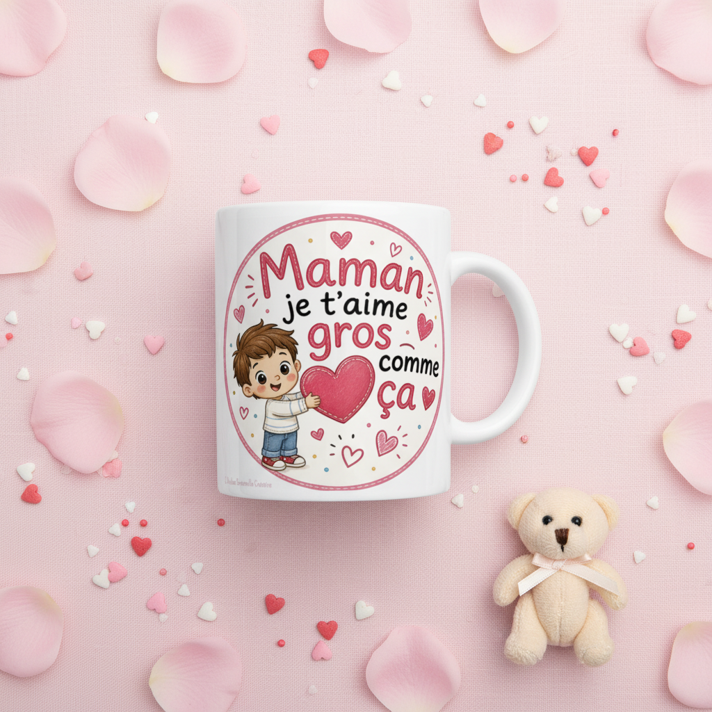 Tasse blanche « Maman je t’aime gros comme ça » avec cœur rouge et garçon illustré