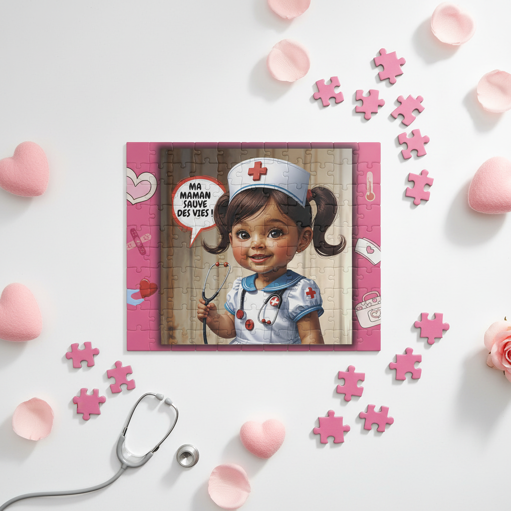 Puzzle terminé montrant une maman infirmière, pièces roses et blanches autour.