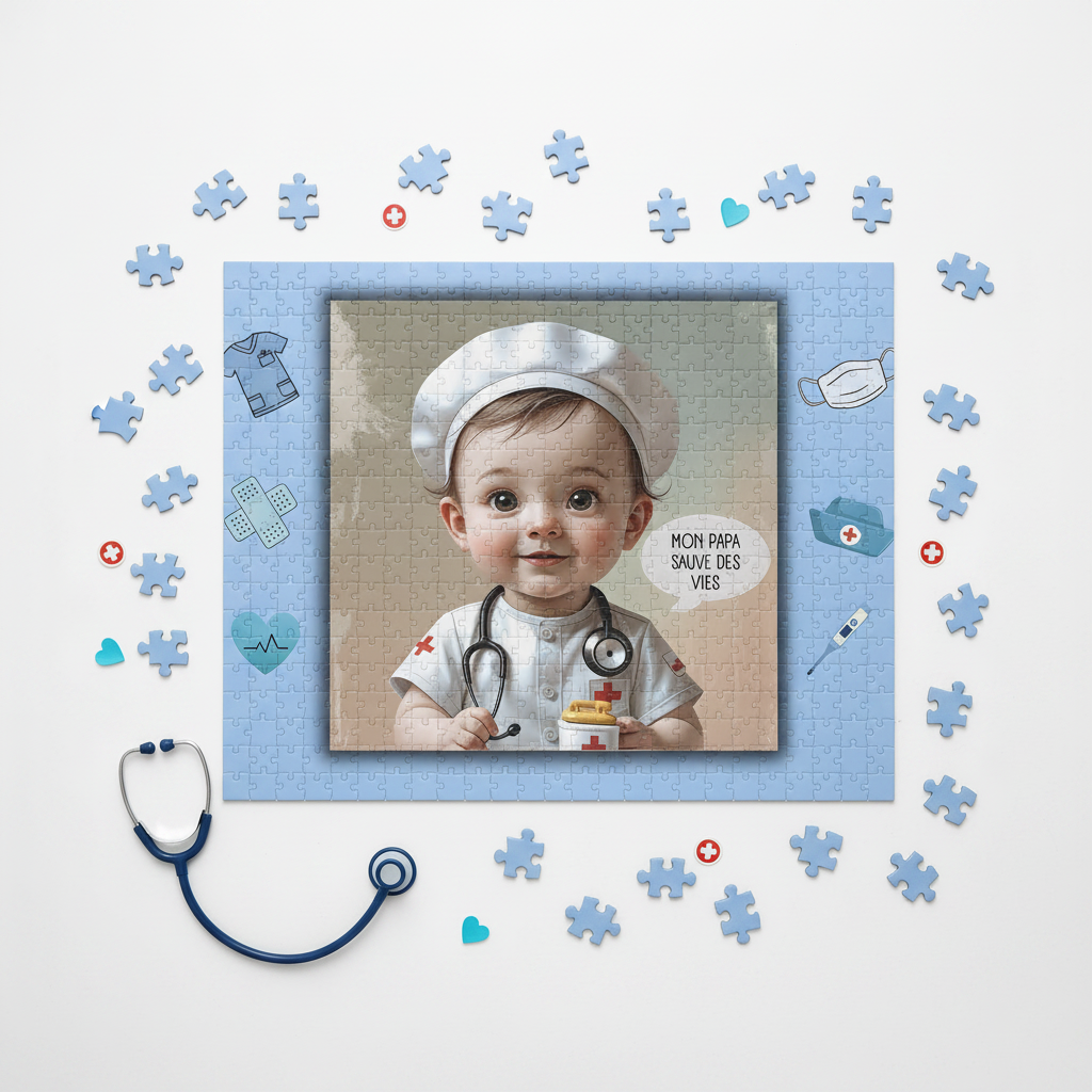 Puzzle 520 pièces ouvert, portrait de bébé docteur au centre, pièces autour.
