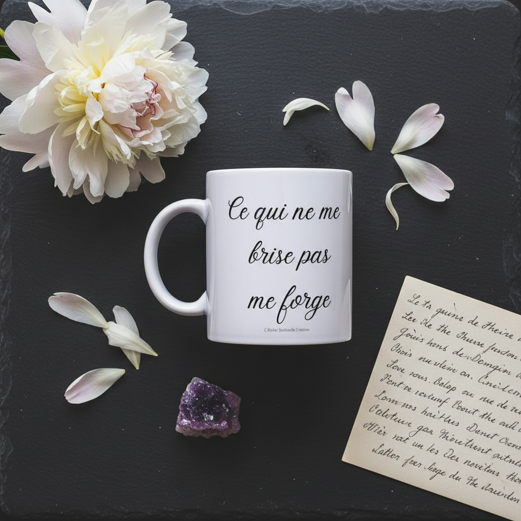 Mug blanc, inscription manuscrite noire « Ce qui ne me brise pas me forge ».