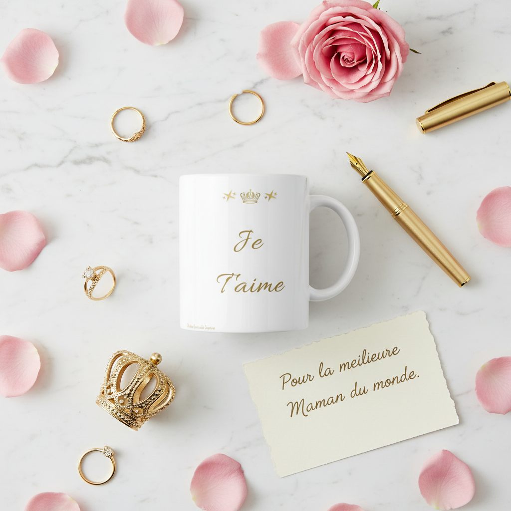 Mug blanc « Je t’aime » avec couronne dorée et étoiles, vue de face.