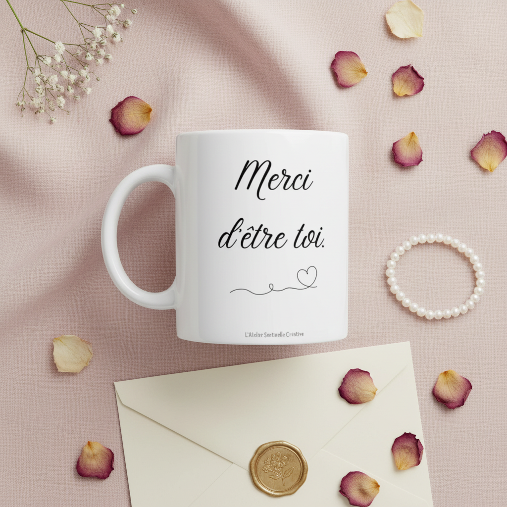 Mug blanc « Merci d'être toi », texte noir et petit cœur au bas, anse
