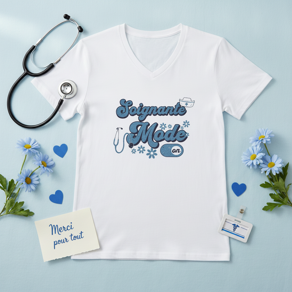 T-shirt blanc à col V, motif bleu « Soignante Mode On » avec petits cœurs