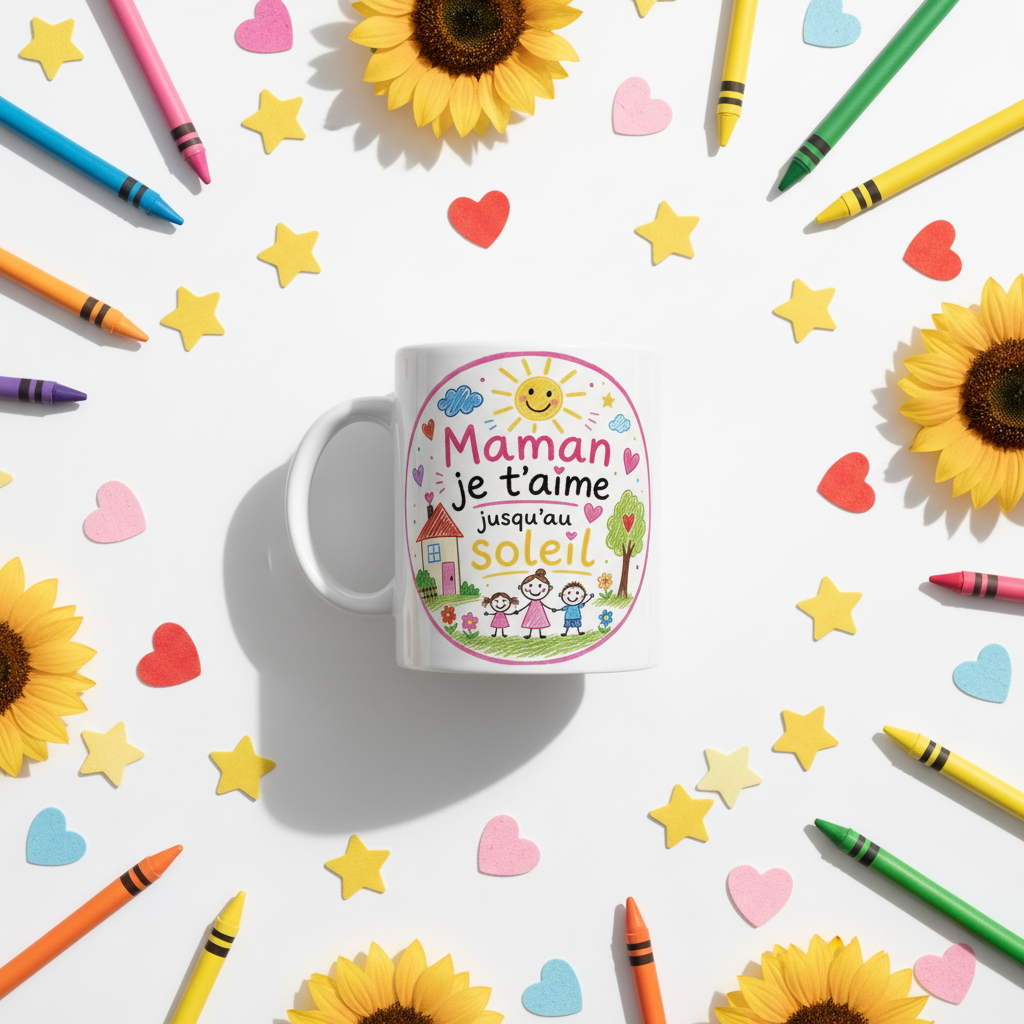 Mug blanc imprimé « Maman je t’aime jusqu’au Soleil »