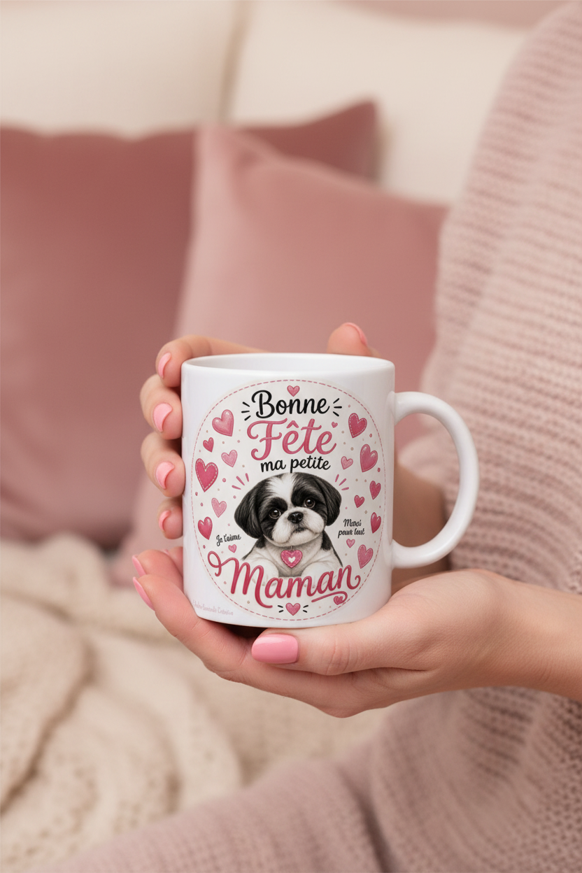 Mug blanc à anse «Bonne Fête ma petite Maman» avec chien au centre