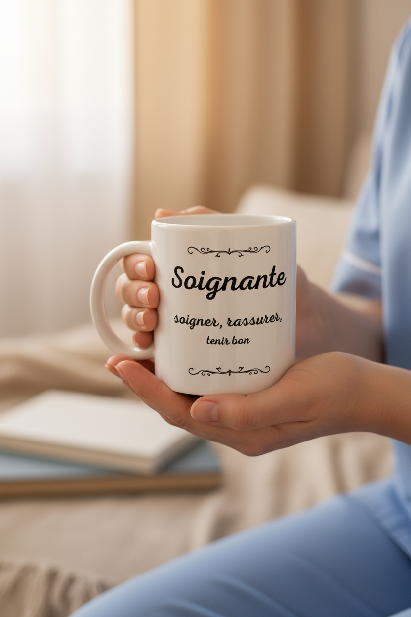 Mug blanc « Soignante » tenu en main, avec inscription « soigner, rassurer, tenir bon ».