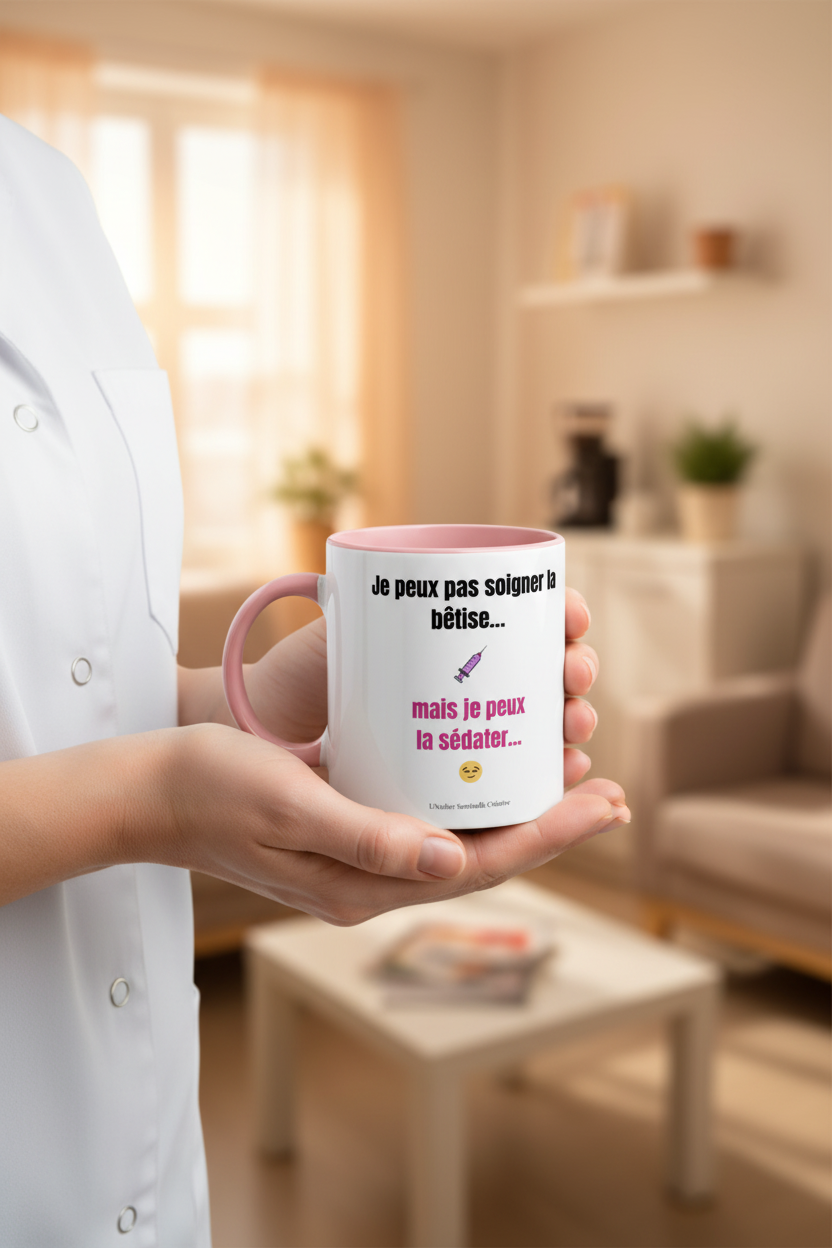 Mug céramique blanc, anse rose, texte humoristique « mais je peux la séduater »