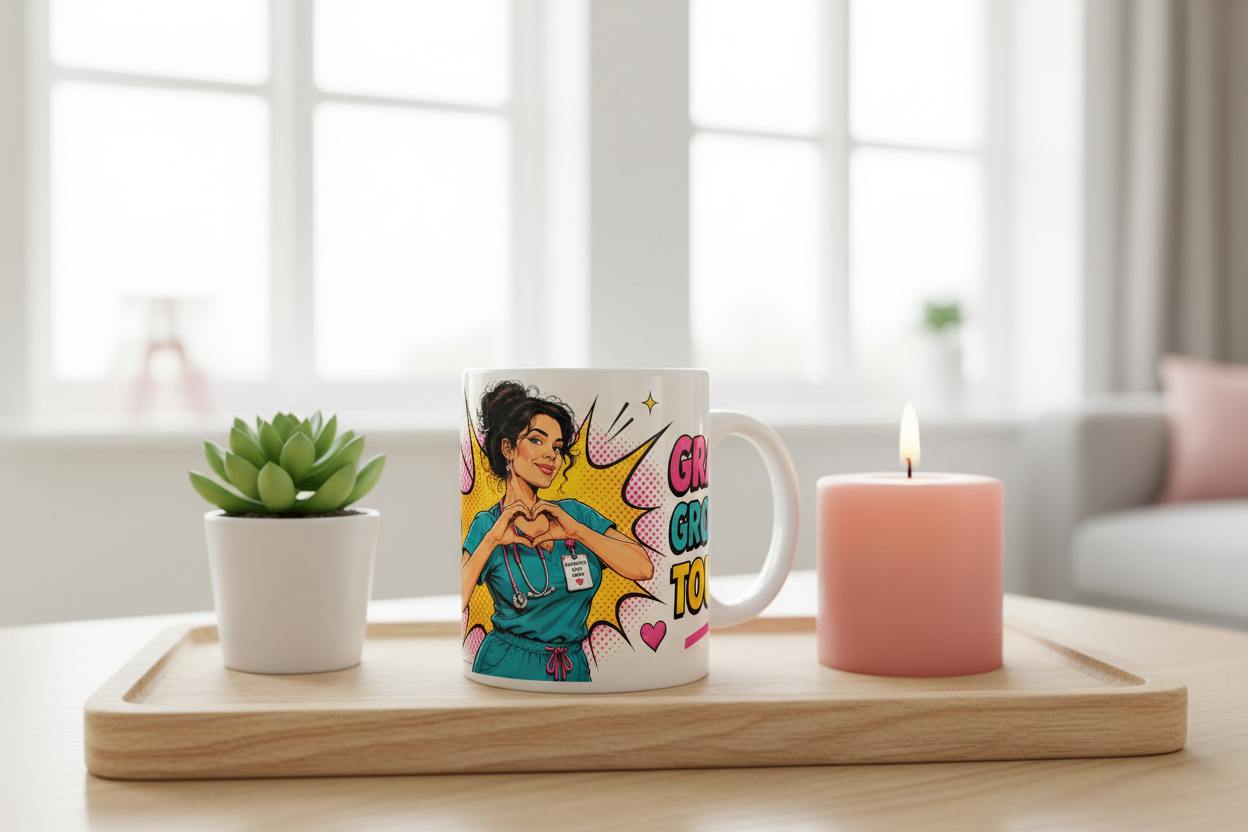 Tasse blanche avec illustration d’infirmière et texte coloré « GRAND… »