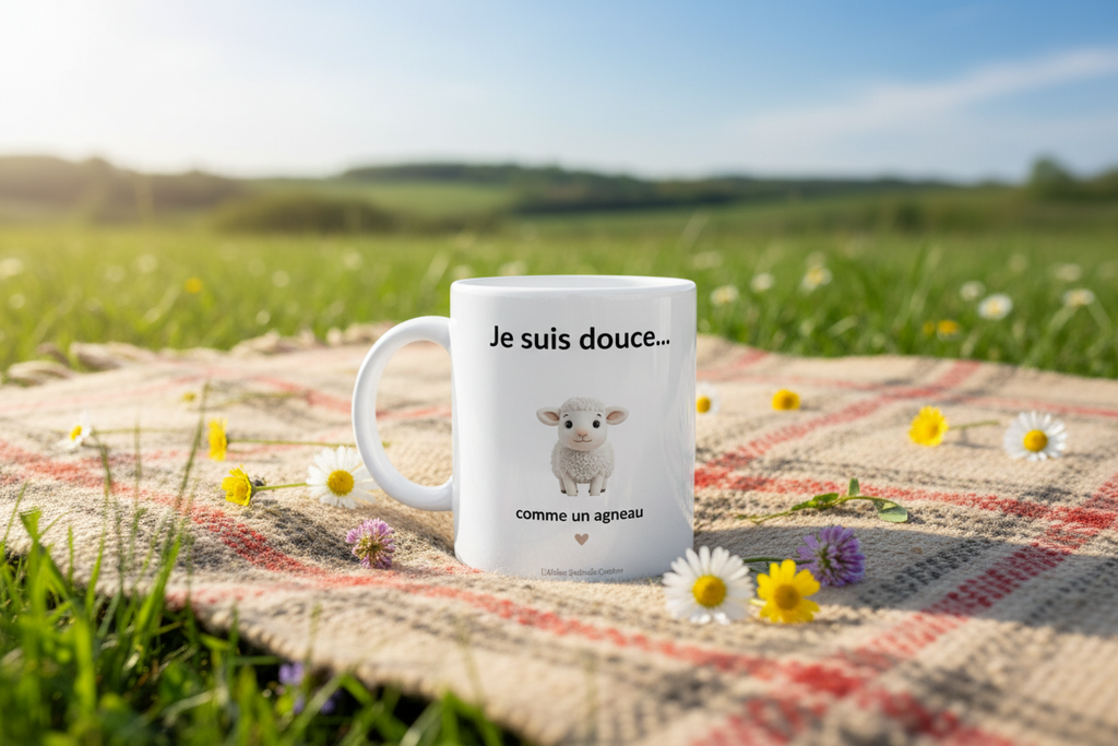 Mug blanc « Je suis douce... » et agneau illustré, anse gauche.