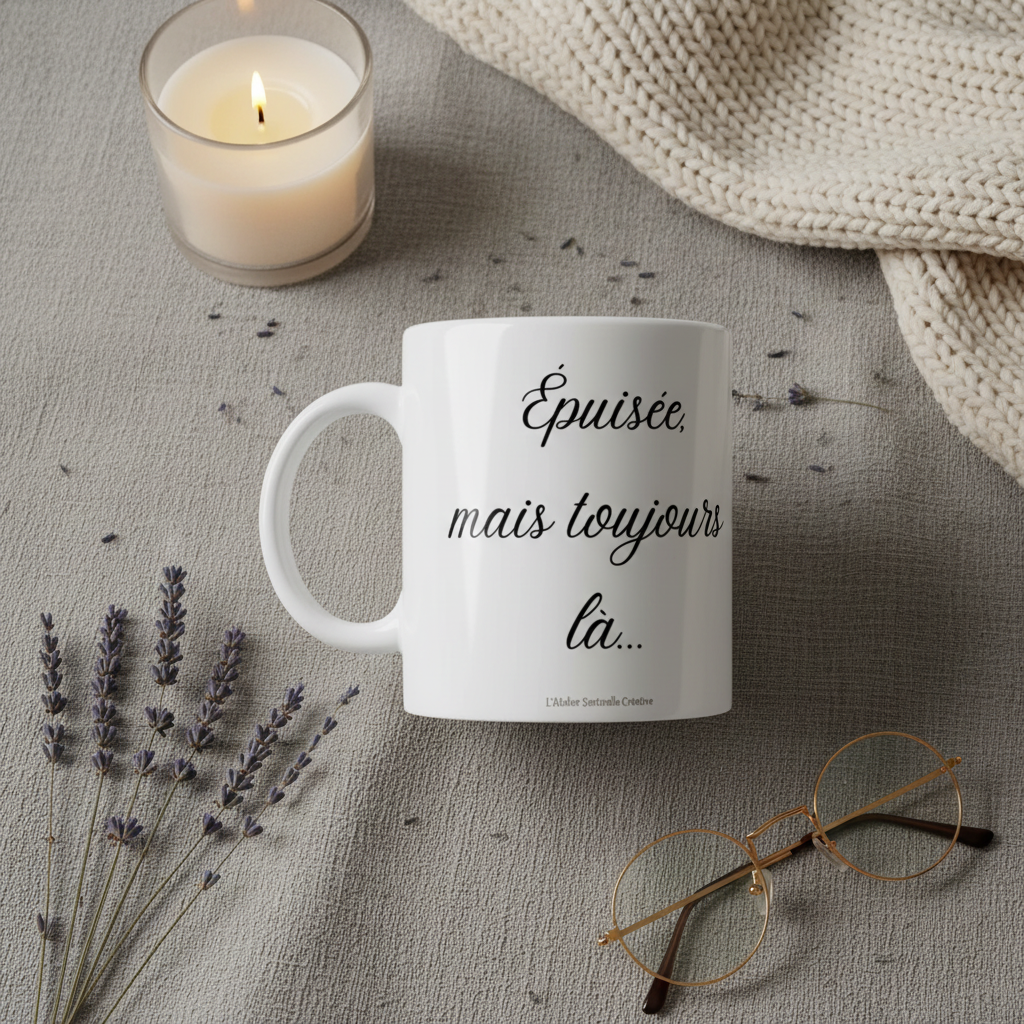 Mug blanc en céramique, poignée, inscription « Épuisée, mais toujours là… »