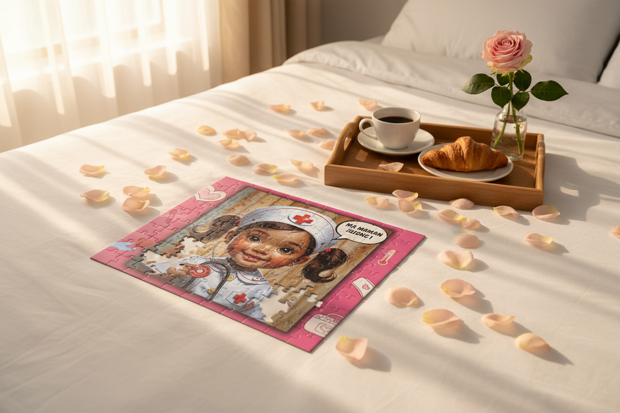 Puzzle assemblé sur tissu beige, portrait de petite infirmière en tenue médicale