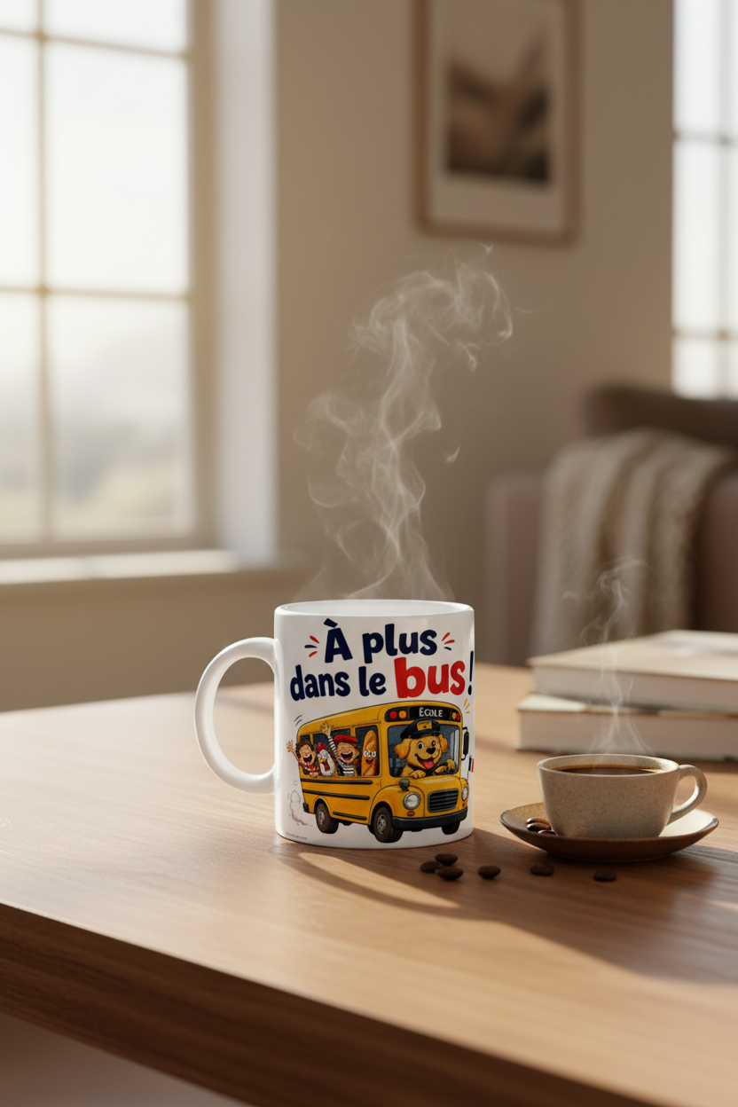 Mug blanc « À plus dans le bus ! » avec vapeur, posé sur une table en bois.