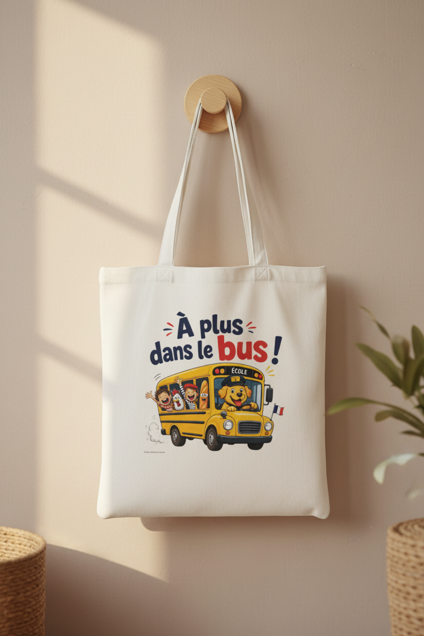 Tote bag blanc en toile suspendu, impression « À plus dans le bus ! » et bus jaune