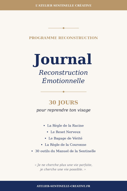 Journal de reconstruction émotionnelle, couverture crème, 30 jours pour reprendre ton visage.