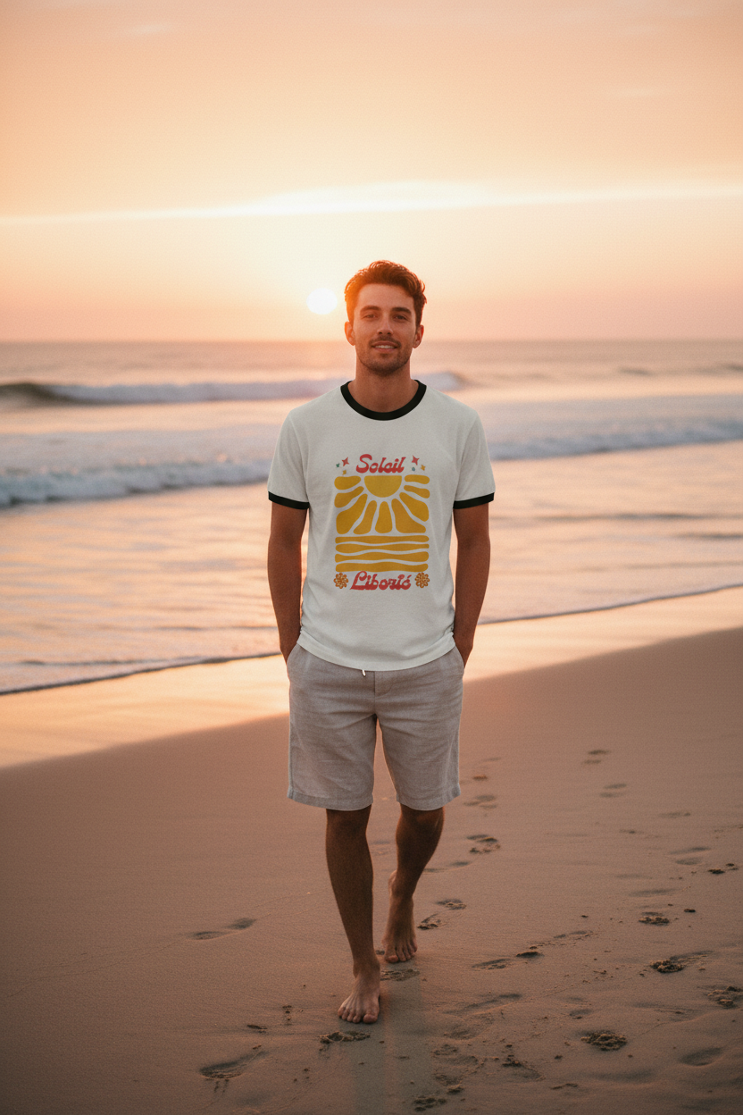T-shirt blanc col contrasté noir, motif soleil rétro jaune et orange sur la poitrine.