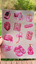 Planche de stickers soignants pailletés roses, motifs médicaux et cœurs