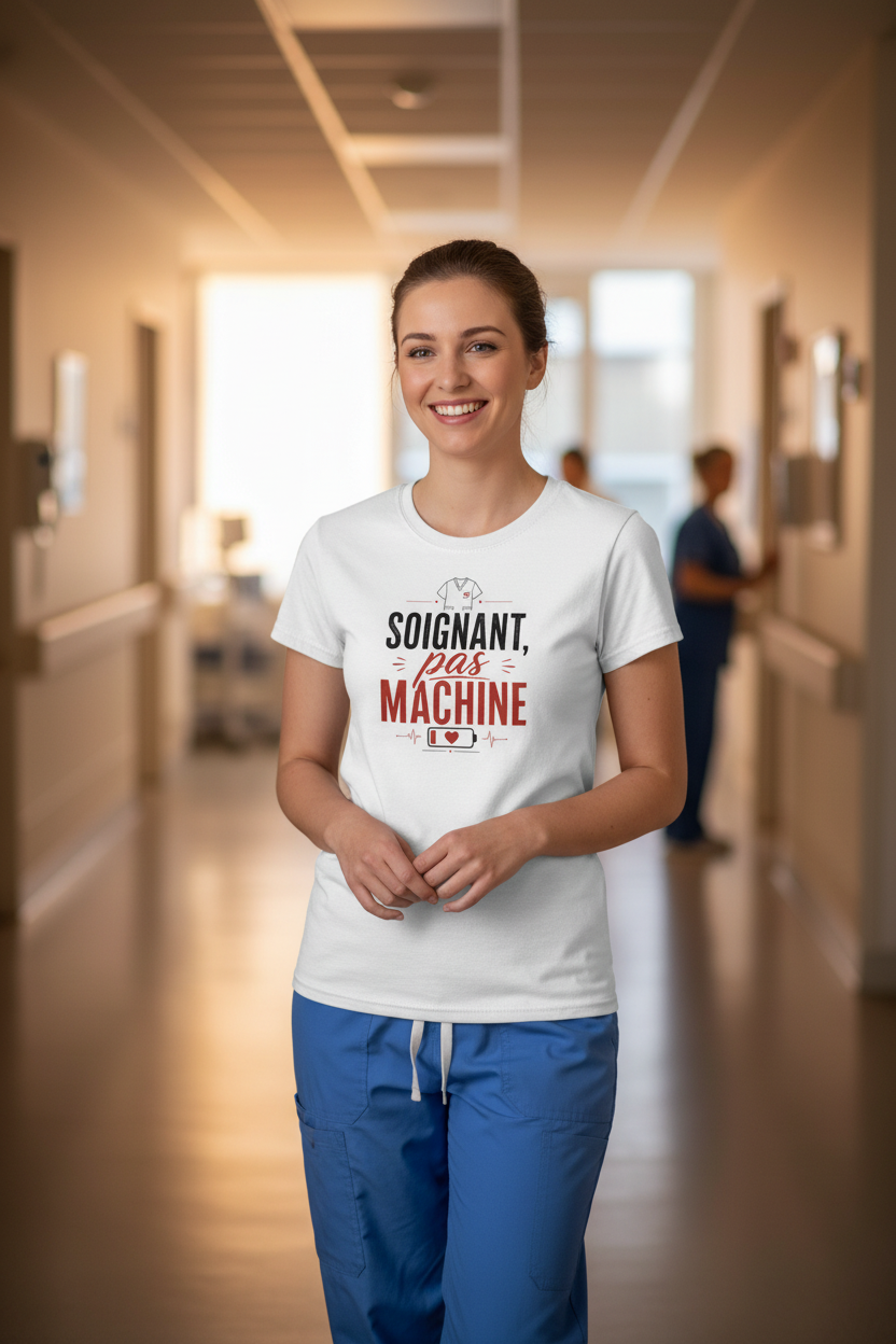 T-shirt blanc manches courtes porté, motif « Soignant pas machine » avec cœur