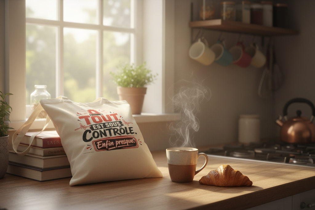 Sac cabas en toile crème « Tout est sous contrôle » avec motif rouge et noir.