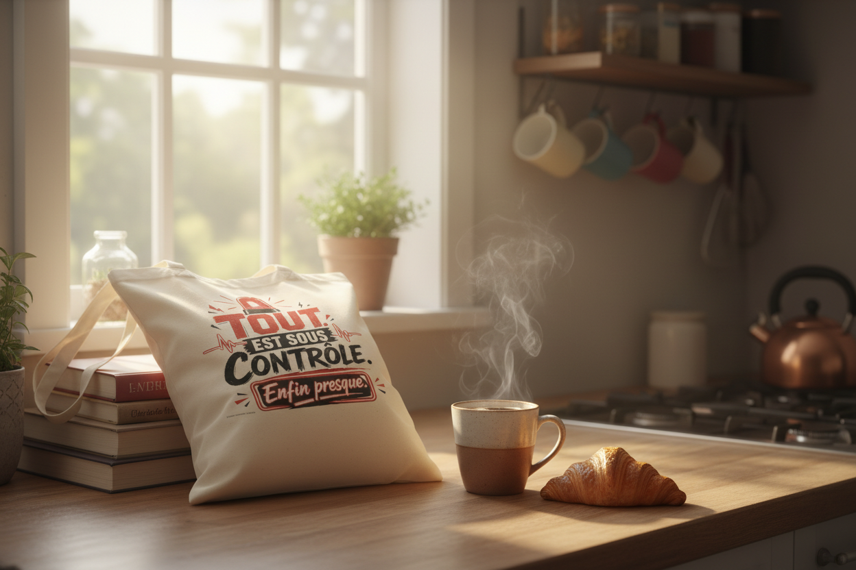 Sac cabas en toile crème « Tout est sous contrôle » avec motif rouge et noir.