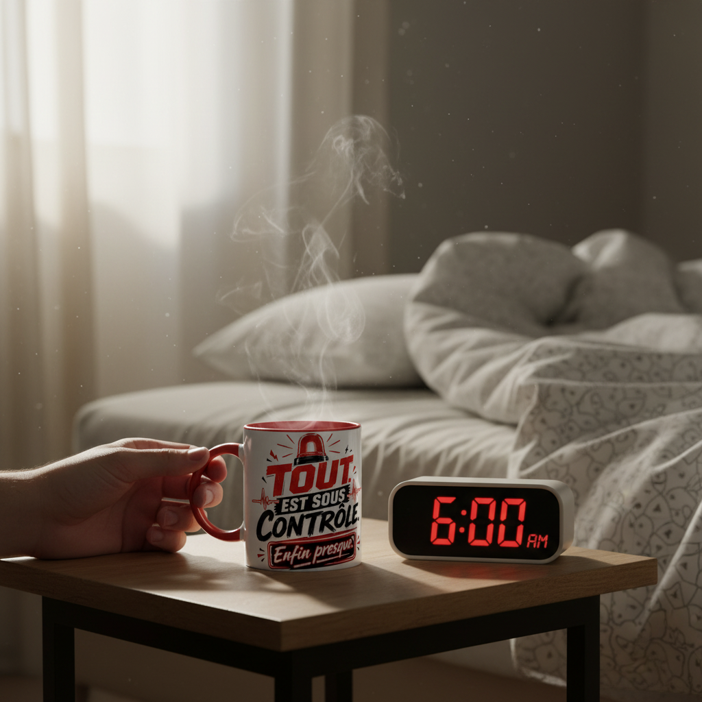 Mug blanc poignée rouge, design « Tout est sous contrôle ».