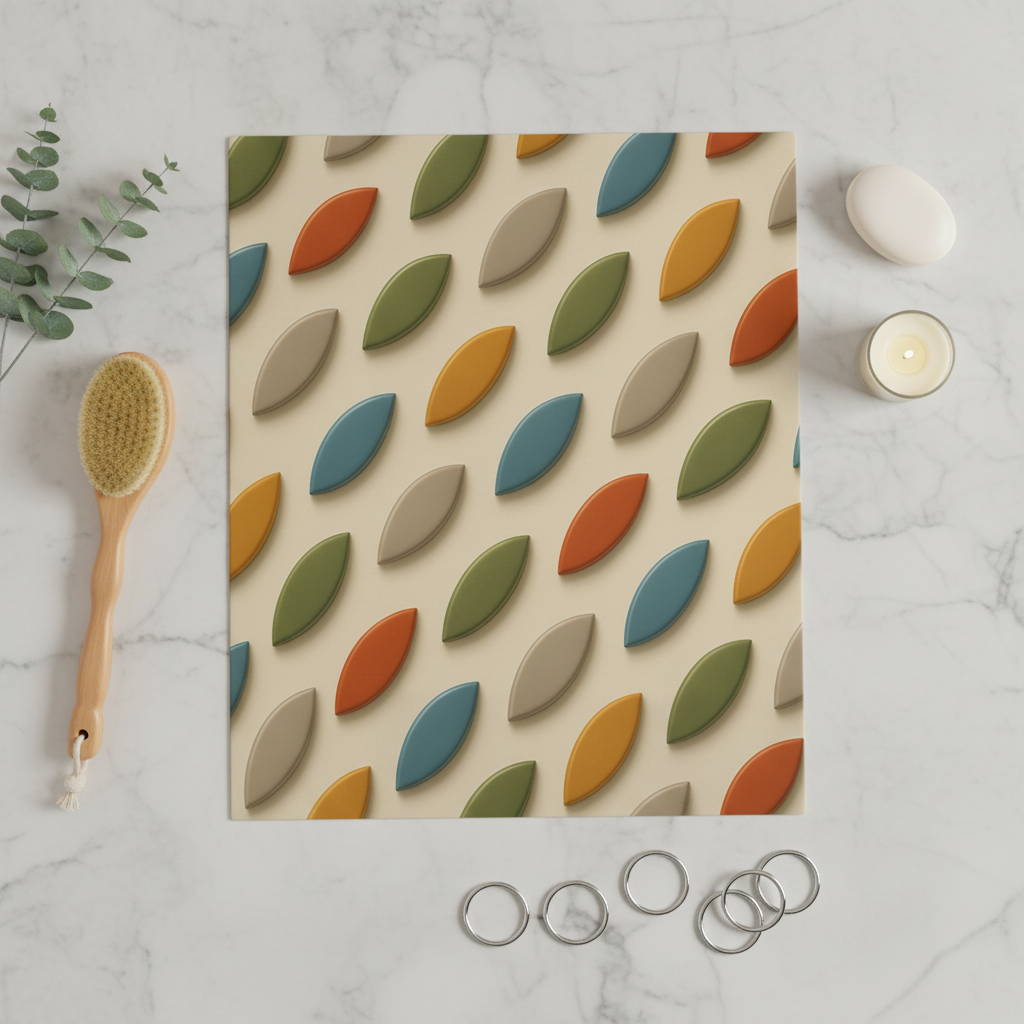 Rideau de douche tissu crème, motif feuilles rétro multicolores, vue de dessus.