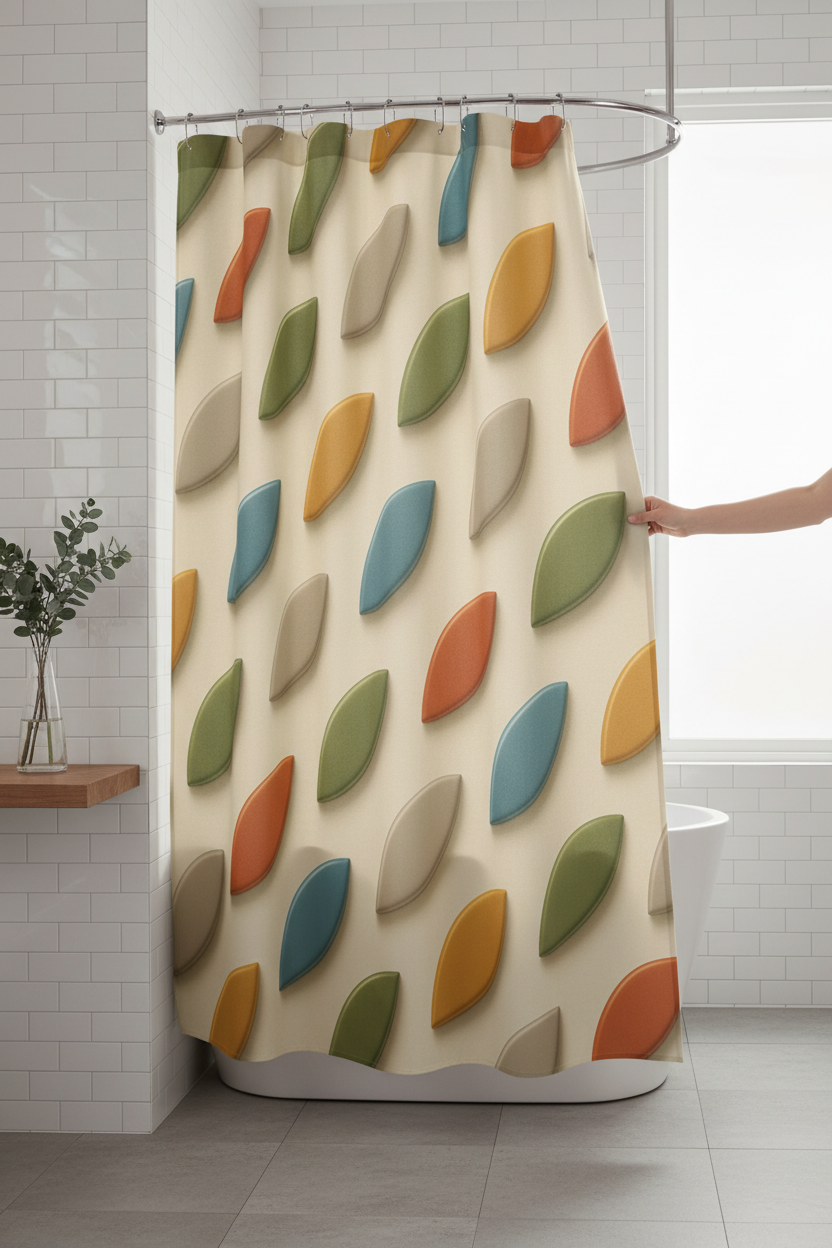Rideau de douche tissu crème à motif feuilles rétro multicolores, œillets en haut.