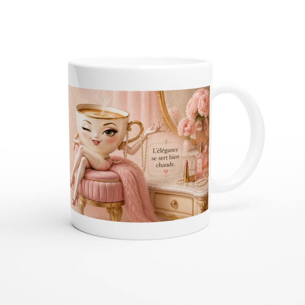 Mug blanc avec illustration femme rose et texte doré sur la face
