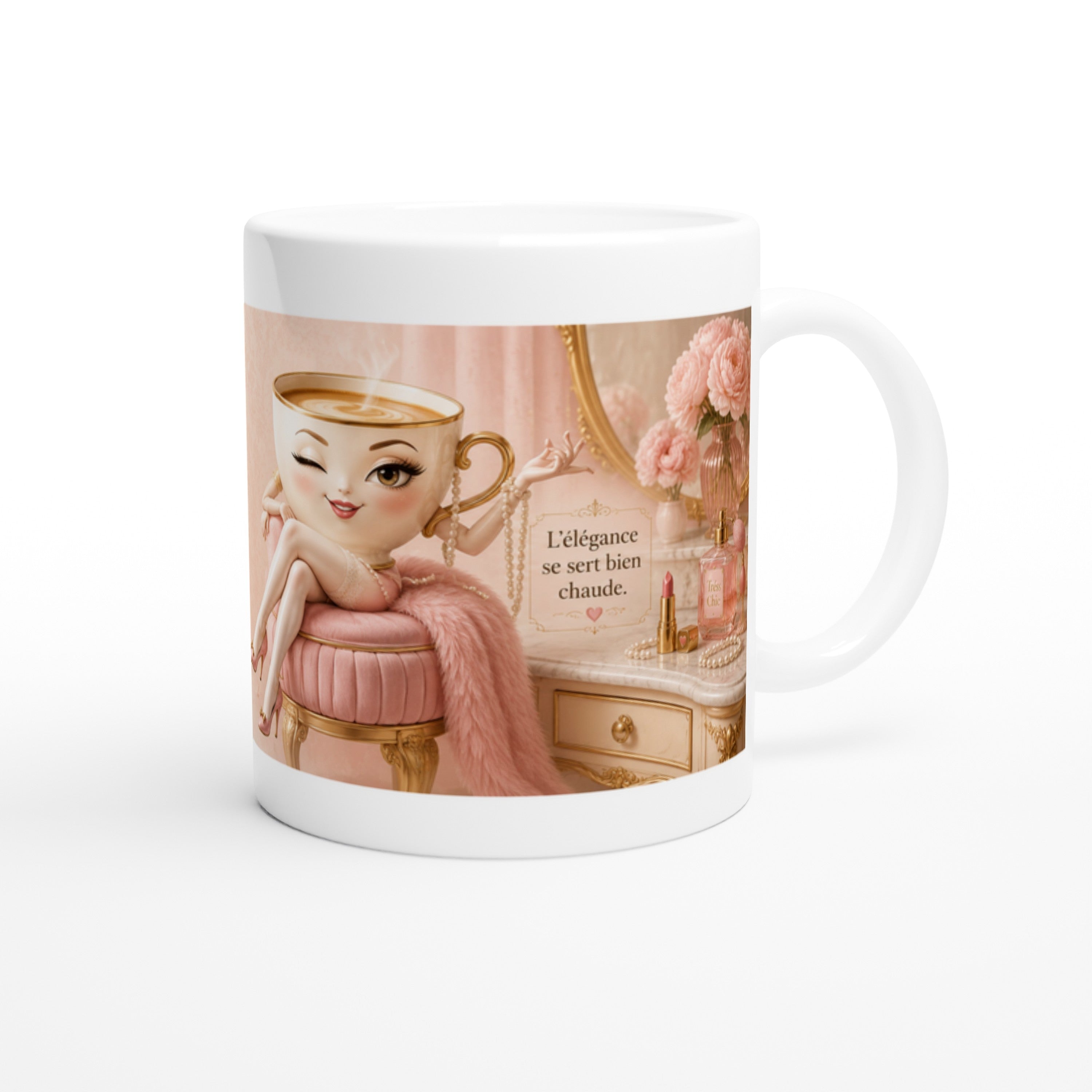 Mug blanc avec illustration femme rose et texte doré sur la face