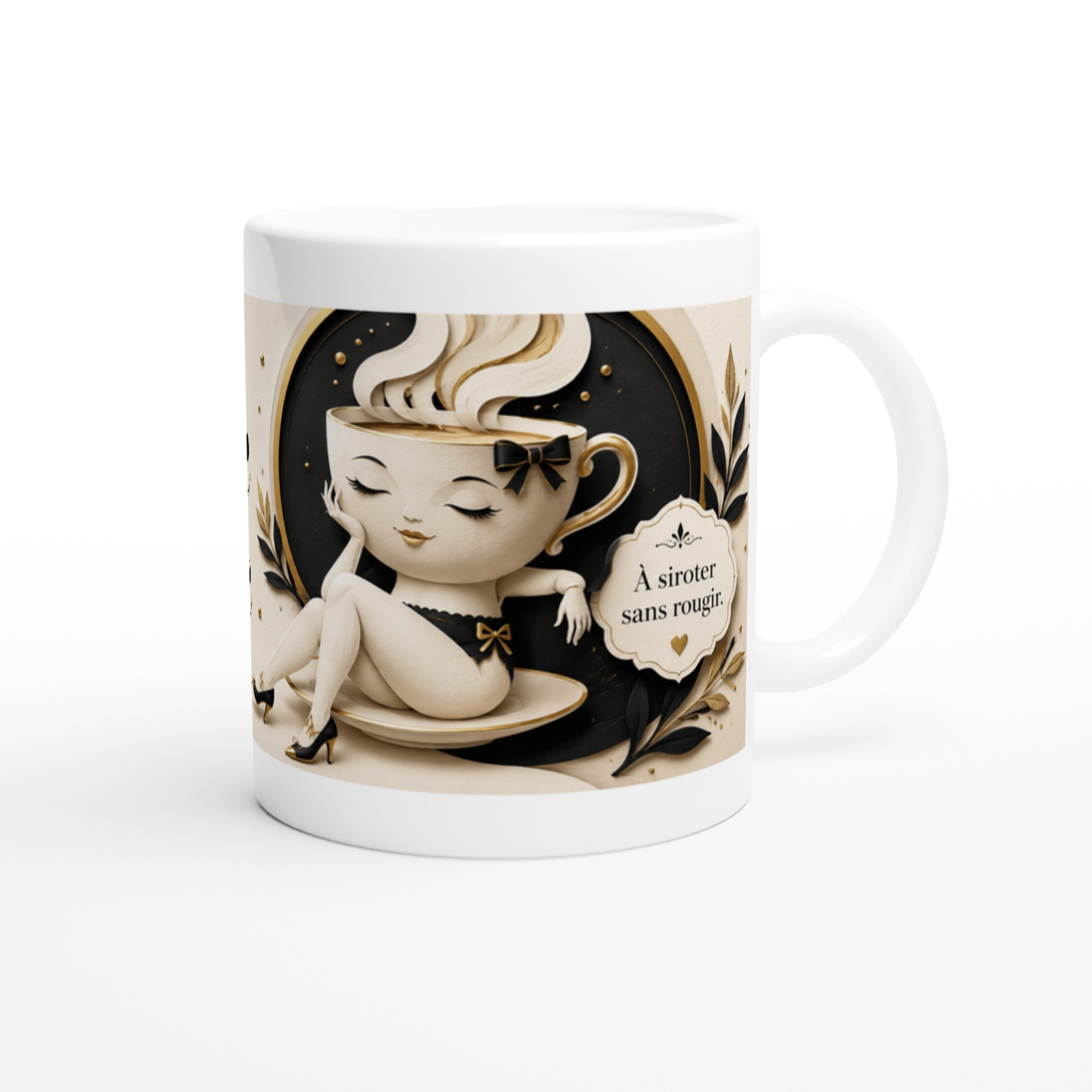 Mug blanc avec femme et nœud, texte « À siroter sans rougir »