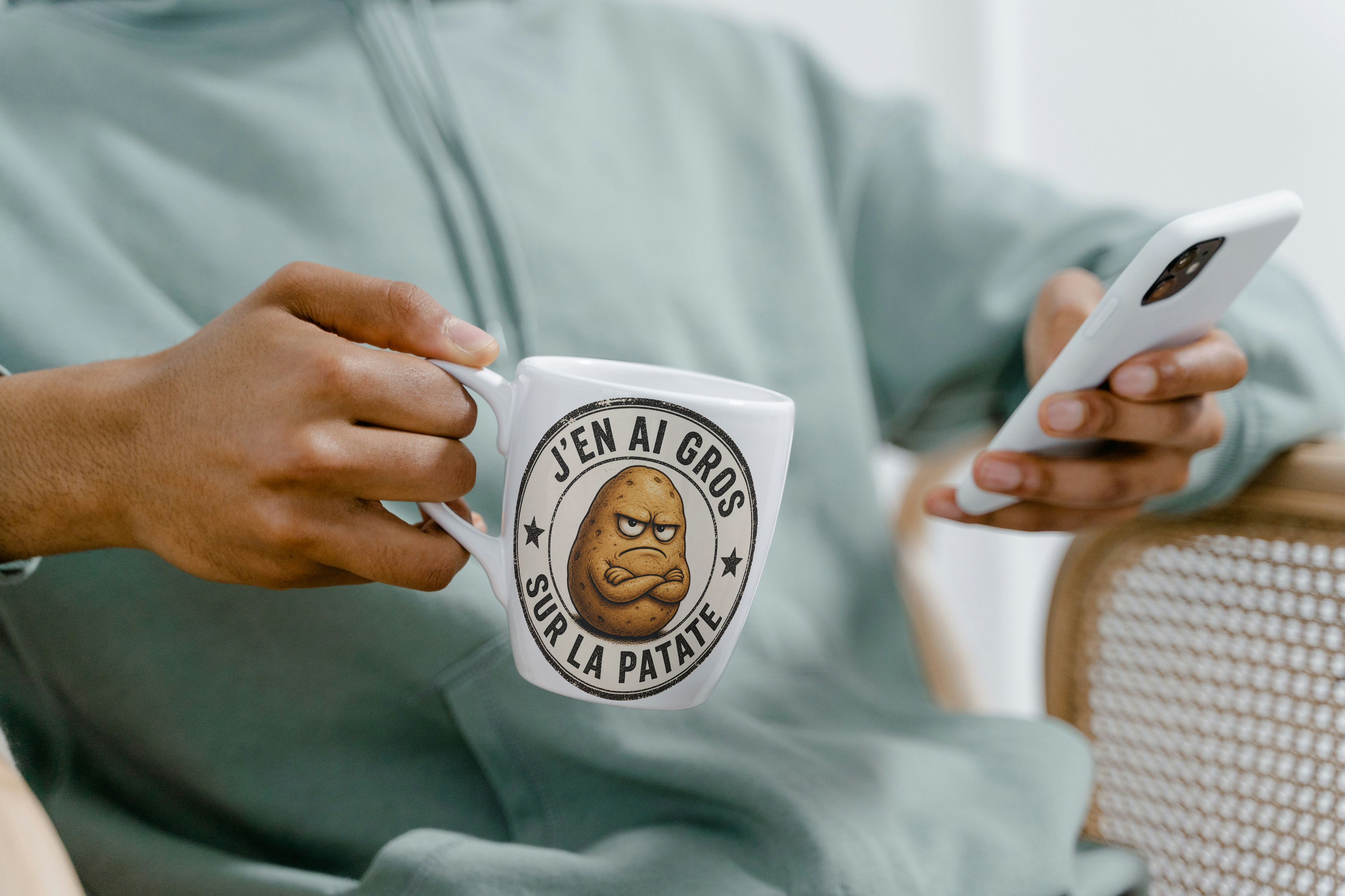 Tasse blanche avec visage de pomme de terre et logo circulaire « J’EN AI GROS »