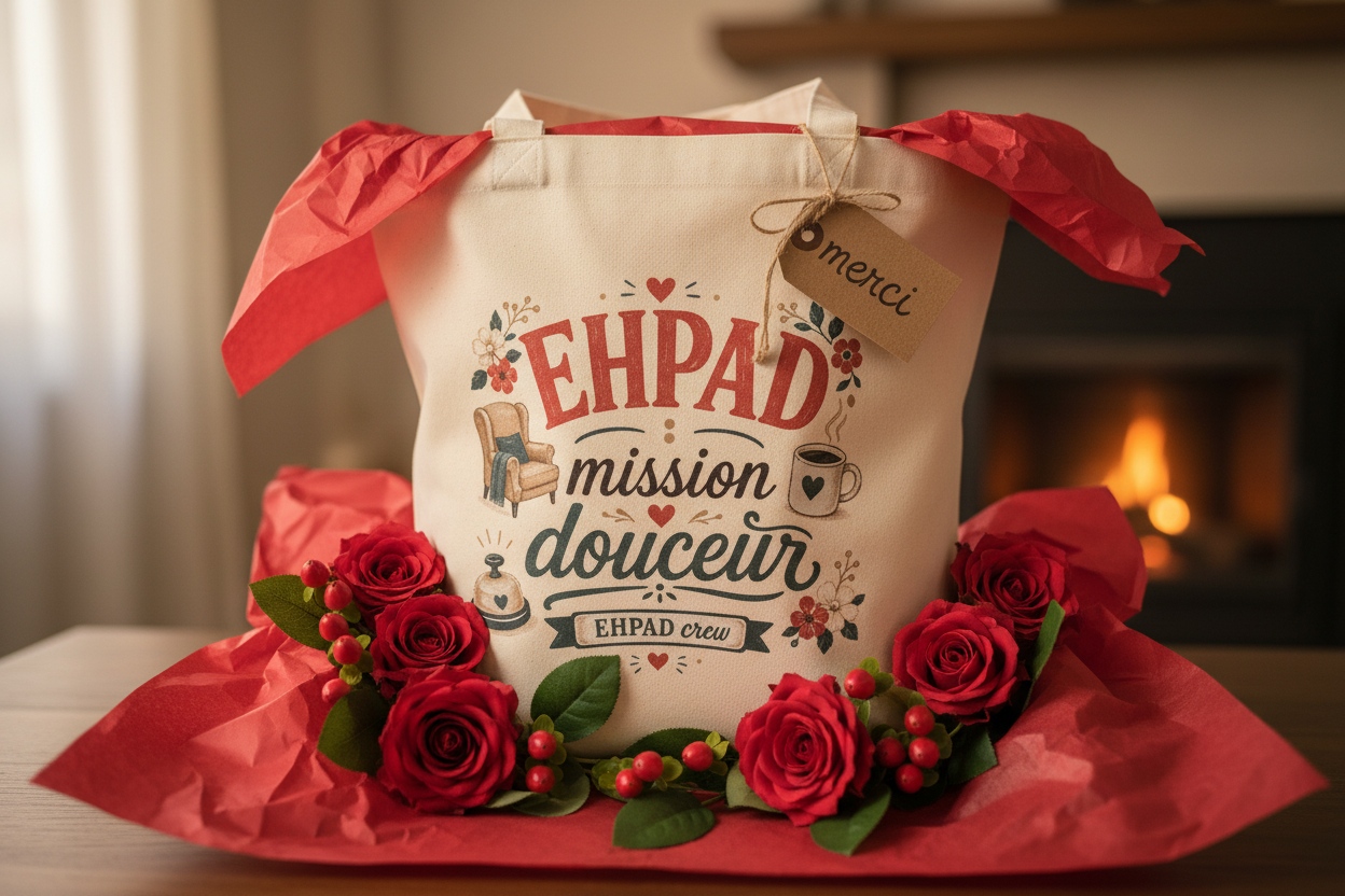 Tote bag beige en gros plan, avec anses et motif « EHPAD mission douceur ».