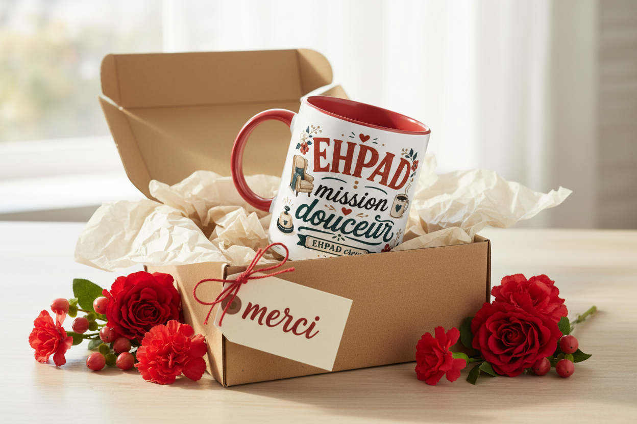 Mug blanc à anses rouges dans un coffret cadeau en carton avec étiquette « Merci ».