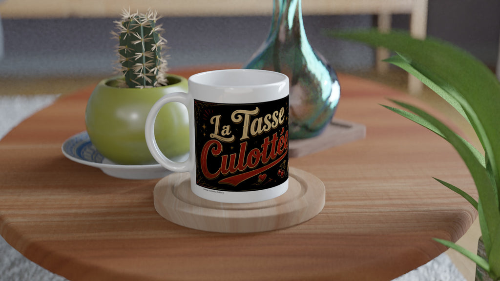 Mug blanc « La Tasse Culottée » noir rouge, posé sur un dessous