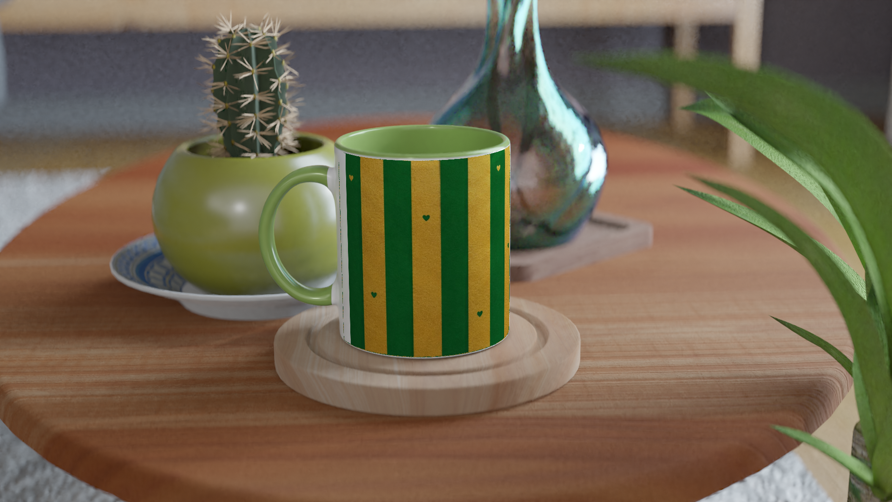 Mug Rayures Cœurs Vert et Doré — Cadeau Nature