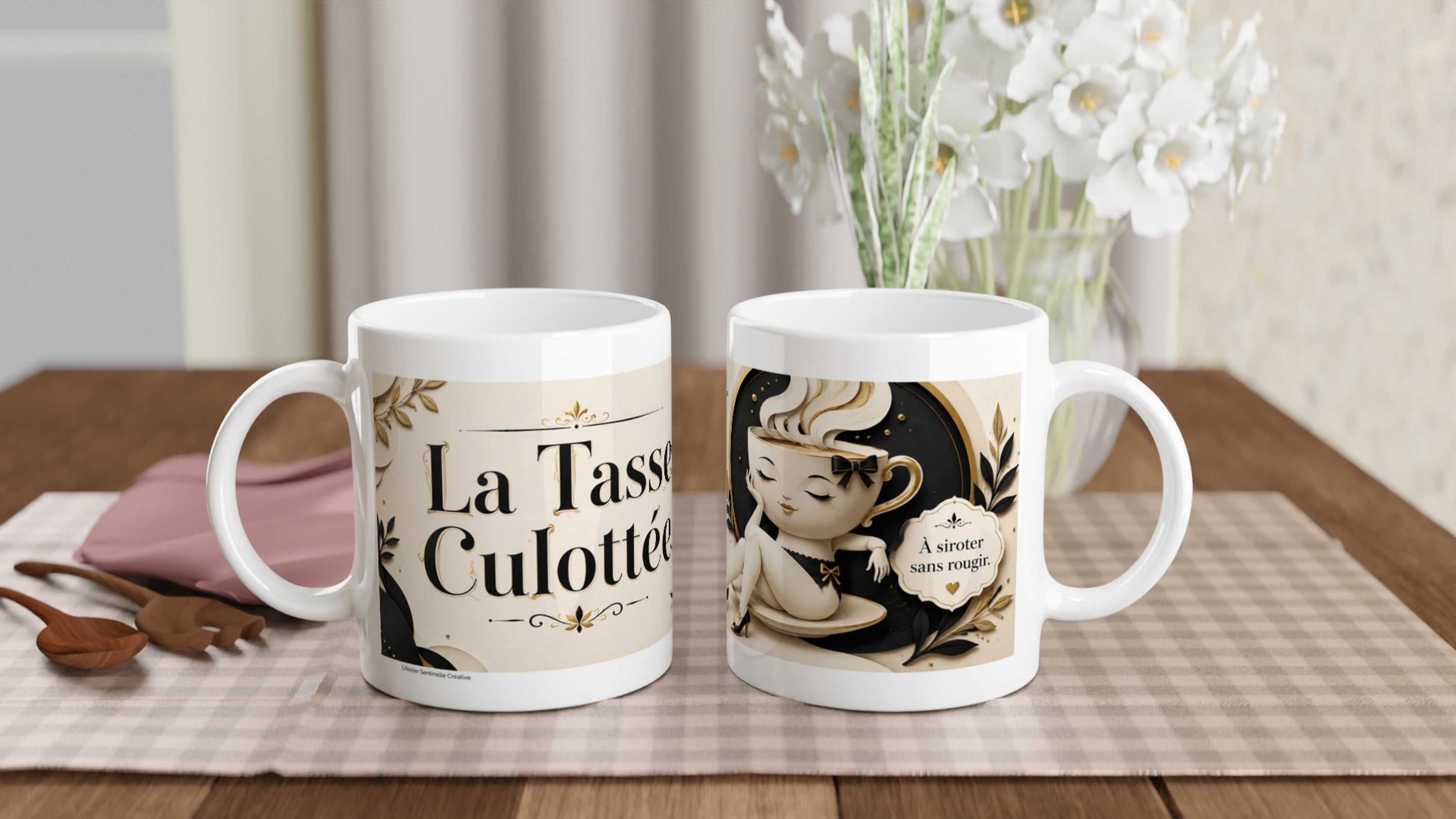 Deux mugs blancs assortis, motifs « La Tasse Culottée »