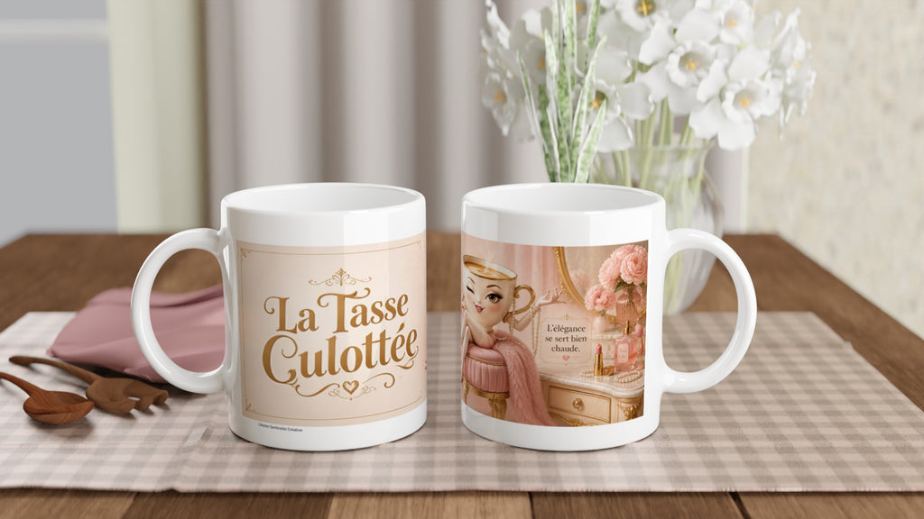Deux mugs blancs sur table, un avec texte « La Tasse Culottée ».