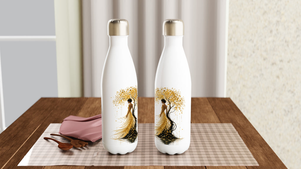 Paire de bouteilles isothermes blanches, bouchons dorés, motif arbre doré