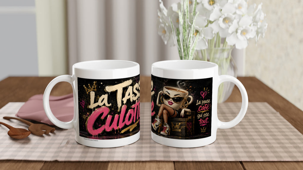 Paire de mugs blancs à décor noir et rose «La Tasse Culottée»
