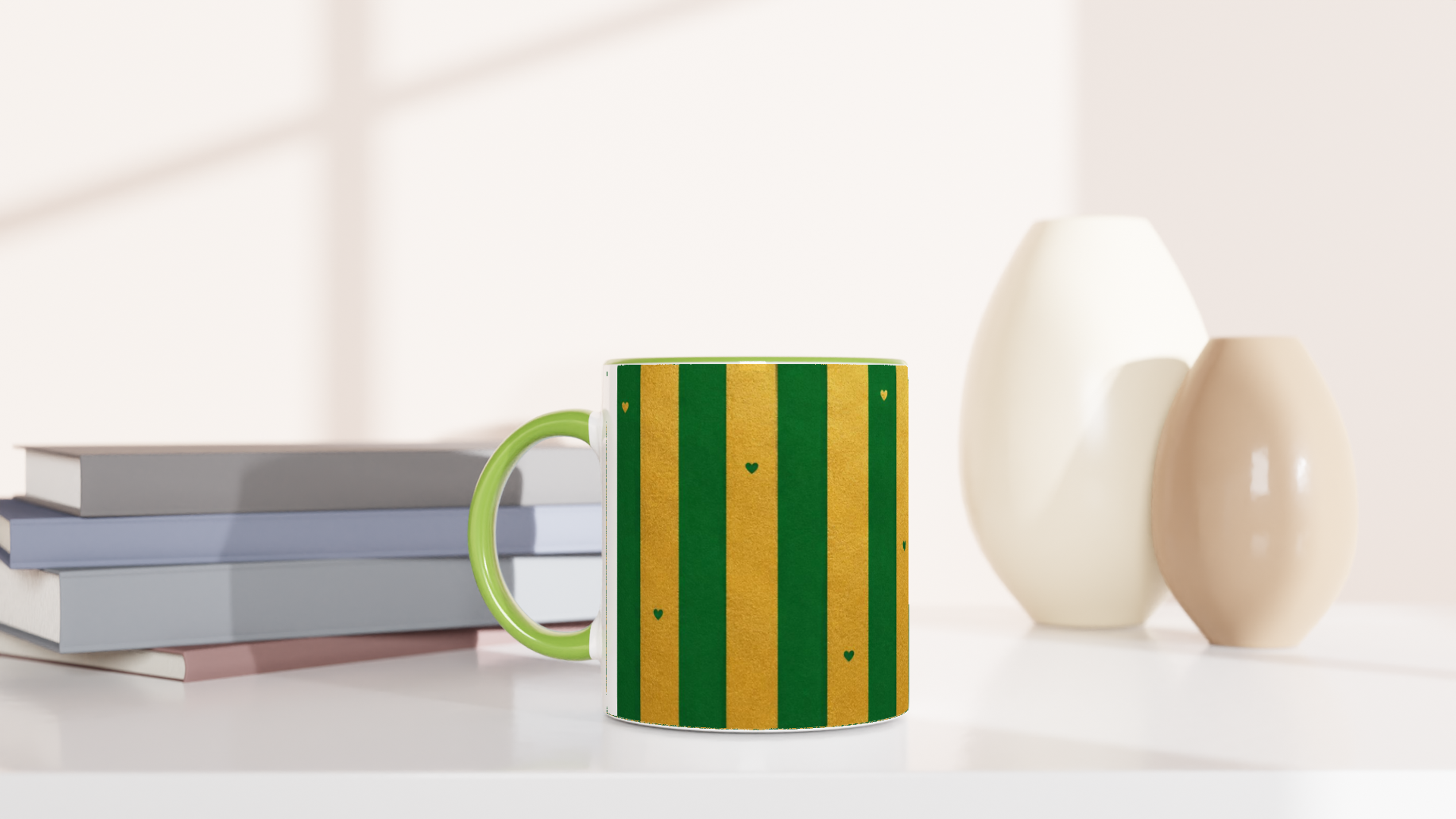 Mug Rayures Cœurs Vert et Doré — Cadeau Nature