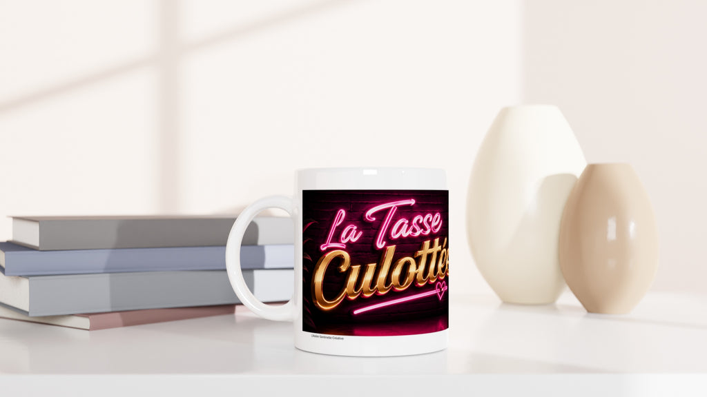 Mug blanc posé sur livres, face avant avec inscription lumineuse rose et or
