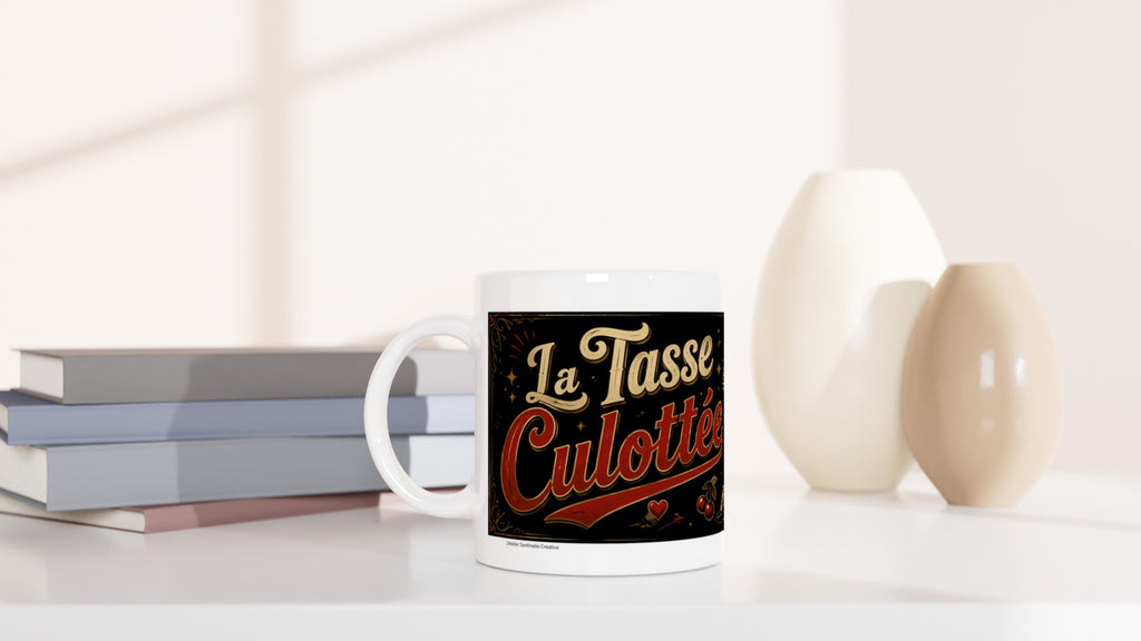Mug blanc « La Tasse Culottée » noir rouge, anse visible