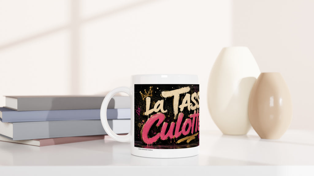 Mug blanc, décor noir et lettrage rose «La Tasse Culottée»